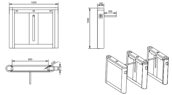 Drop-Arm Motorized Turnstile Dimensions